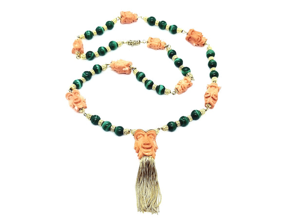 CORAL & MALACHITE 18 KT  ITALIAN LONG NECKLACE SATOUIR OF SATYRS CARVING
