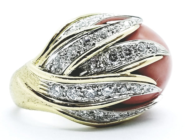 CORAL AND DIAMONDS 18 KT YELLOW GOLD ITALIAN RING