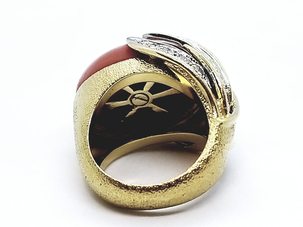 CORAL AND DIAMONDS 18 KT YELLOW GOLD ITALIAN RING