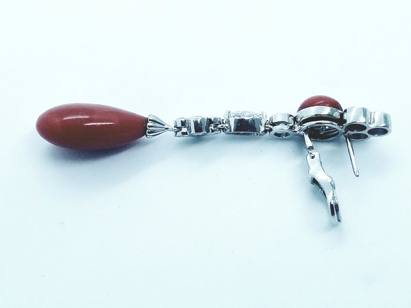 ITALIAN 18 KT GOLD RED CORAL & DIAMONDS LONG EARRINGS