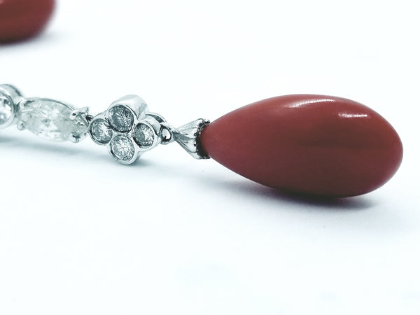 ITALIAN 18 KT GOLD RED CORAL & DIAMONDS LONG EARRINGS