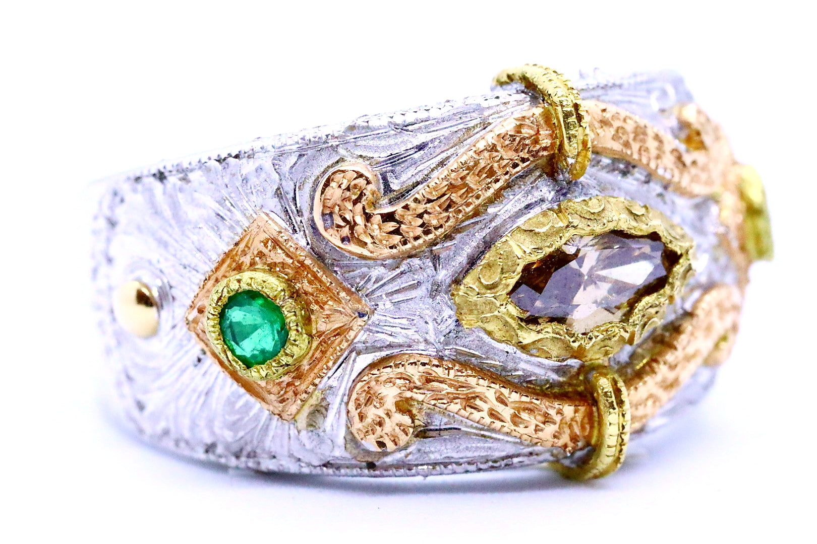 CAZZANIGA 18 KT WHITE AND PINK GOLD DIAMOND AND EMERALD UNIQUE RING BAND