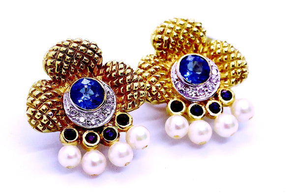 UNUSUAL 18 KT EARRINGS WITH 4.04 Ctw SAPPHIRE, RUBY & PEARLS