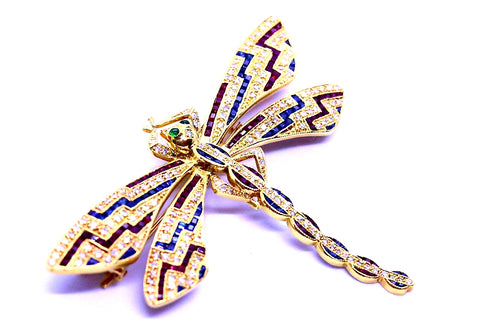 DRAGONFLY 18 KT BROOCH WITH 3.80 Cts DIAMONDS & GEMSTONES