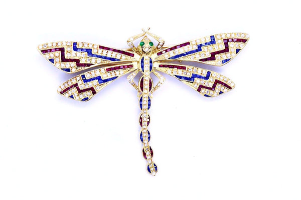 DRAGONFLY 18 KT BROOCH WITH 3.80 Cts DIAMONDS & GEMSTONES