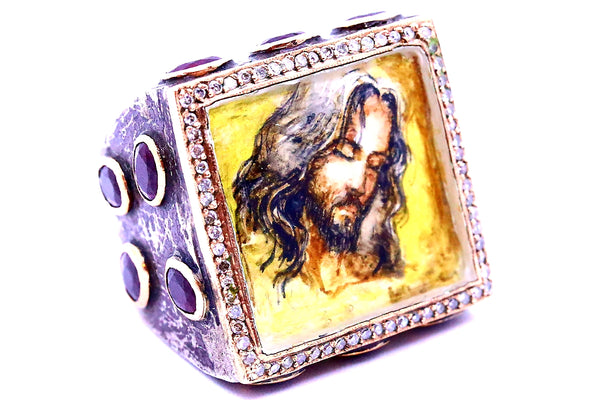 SEVAN BICAKCI 24 KT GOLD & STERLING SILVER, DIAMONDS AND RUBY "CHRIST" RING