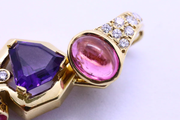 EARRING AND PENDANT 18 KT SET WITH 21.15 Cts OF DIAMONDS, PINK TOURMALINE & AMETHYST