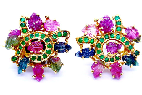 RARE 22 KT EARRINGS WITH 41.60 Ctw TOURMALINE CARVINGS & EMERALDS