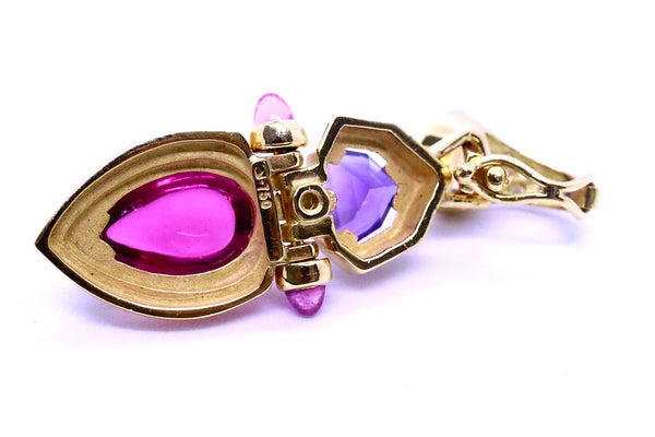 EARRING AND PENDANT 18 KT SET WITH 21.15 Cts OF DIAMONDS, PINK TOURMALINE & AMETHYST