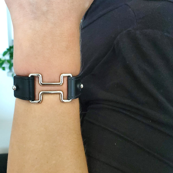 Hermes Paris H Logo Leather Bangle Bracelet in Palladium Plated With Box