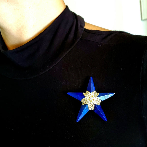 French 1950 Paris 18Kt Gold Star Pendant-Brooch With 4.62 Cts In Diamonds And Lapis Lazuli