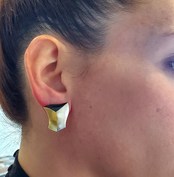 Angela Cummings 1980 New York Rare Geometric Earrings In 18Kt Yellow Gold With Black Jade & Nacre
