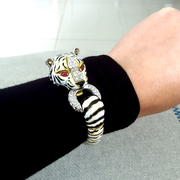 Frascarolo 1960 Milano Enameled Tiger Bracelet In 18Kt Yellow Gold With 3.82 Cts In Diamonds & Rubies