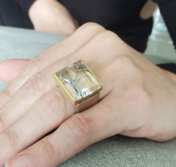 Helfried Kodré Bauhaus Modernism Geometric Ring In Solid 18Kt Yellow Gold & Sterling With 45.95 Cts Rutilated Quartz