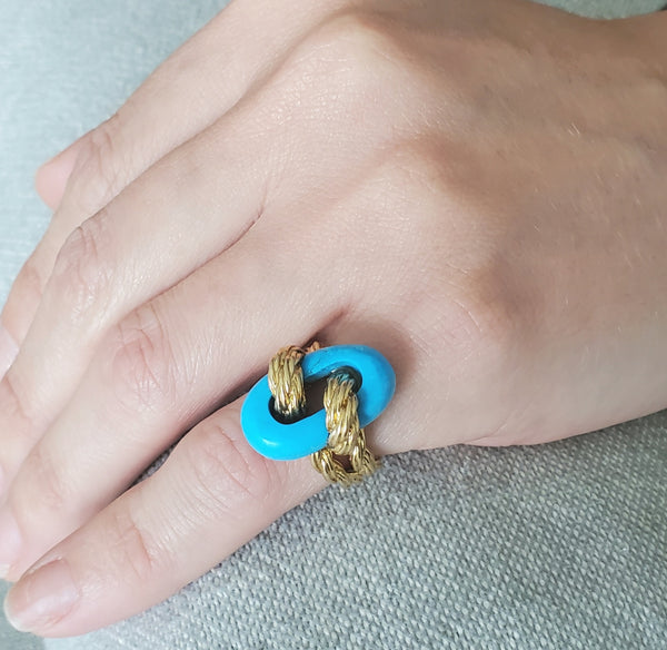 Van Cleef & Arpels 1970 Paris Twisted Ropes Cocktail Ring In 18Kt Yellow Gold With Blue Turquoise