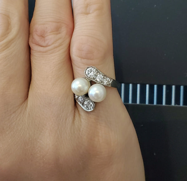 (S)Art Deco 1930 Toi Et Moi Pearls Cocktail Ring In 14Kt White Gold With 1.08 Cts In Diamonds