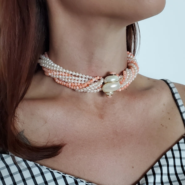 Italy Modernism Seashell Necklace In 14Kt Yellow Gold With Pink Coral And White Pearls