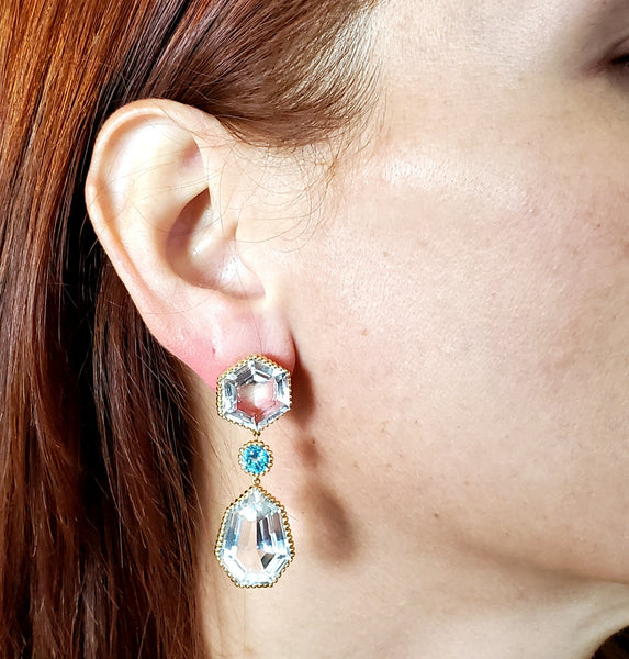 Italian Dangle Drop Earrings In 18Kt Gold With 44.5 Cts In Rock Quartz And Topaz