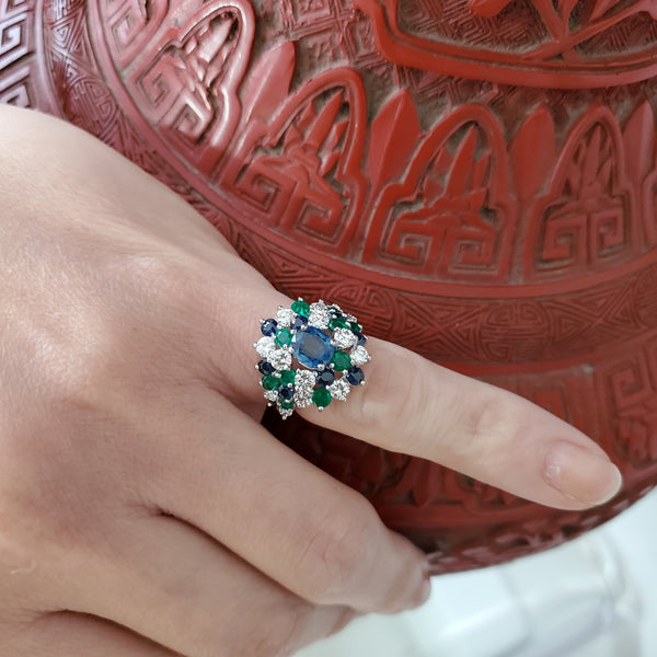 (S)Cluster Cocktail Ring In Platinum With 4.92 Ctw In Diamonds Emeralds And Sapphires