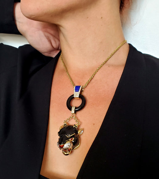 -Frascarolo 1965 Italy Enameled Convertible Pendant Brooch Of Panther In 18Kt Gold With 3.02 Ctw In Diamonds