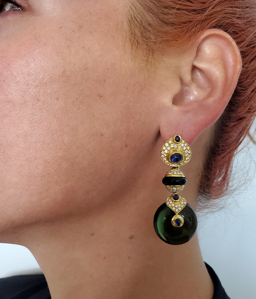 -Contemporary Italian Pneus Drop Earrings In 18Kt Gold With 92.63 Ctw In Diamonds And Gemstones