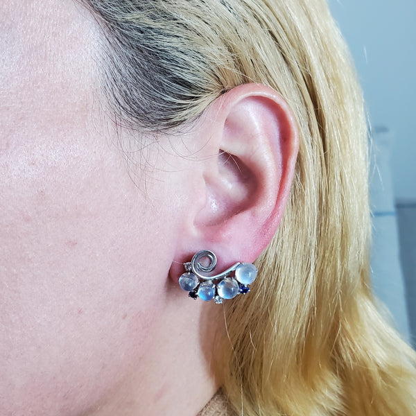 Raymond C. Yard 1943 Deco Retro Earrings In Platinum With 15.34 Ctw Moonstones Sapphires And Diamonds