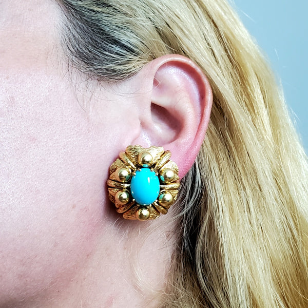 Mid Century 1960 Cocktail Earrings In 18Kt Gold With Sleeping Beauty Turquoises