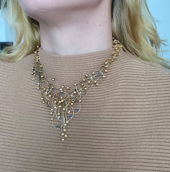 -Modernist Studio 1970 Geometric Necklace In 18Kt Gold With Diamonds And Sapphires