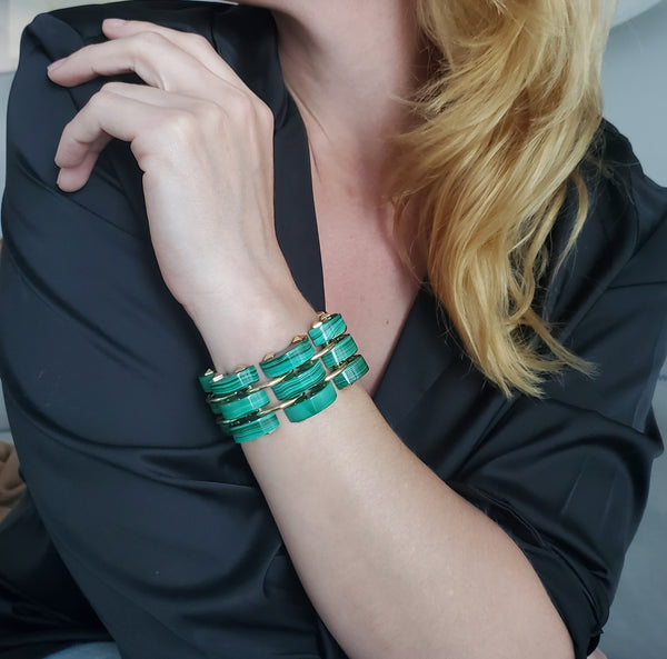 Aletto Brothers Three Rows Bracelet In 18Kt Yellow Gold With Carved Malachite