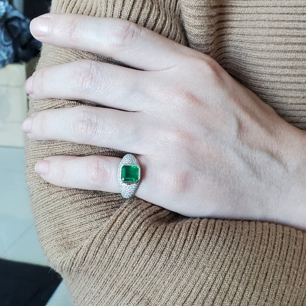 (S)Barmakian Brothers Cocktail Ring In 18Kt White Gold With 4.76 Ctw Certified Emerald And Diamonds