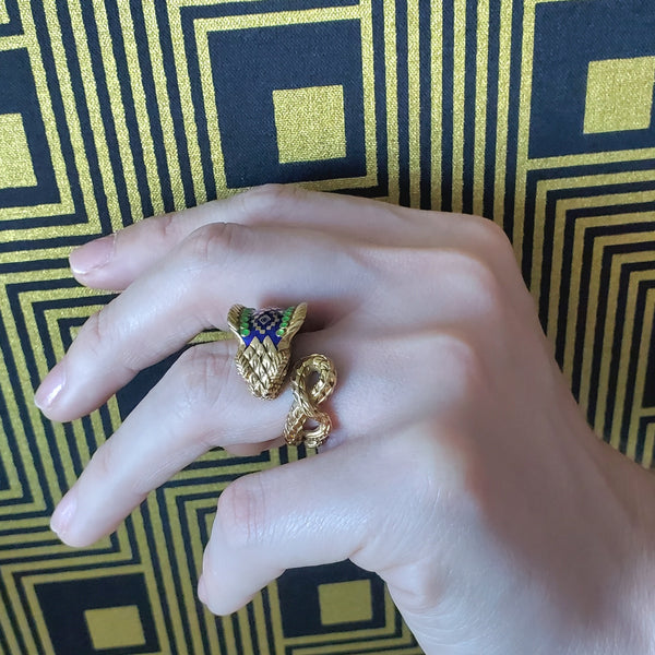 Etruscan Revival Sculpted Cobra Ring In 18Kt Yellow Gold With Enamel