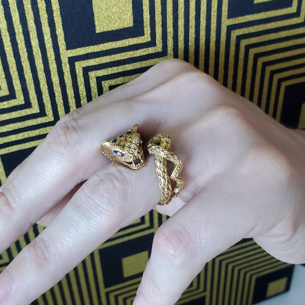 Etruscan Revival Sculpted Cobra Ring In 18Kt Yellow Gold With Enamel