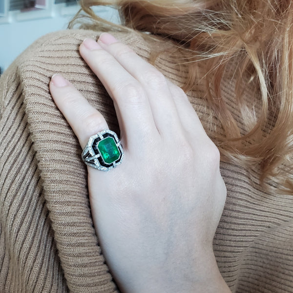 Art Deco Cocktail Ring In Platinum With 10.81 Ctw In Emerald Diamonds And Black Jade