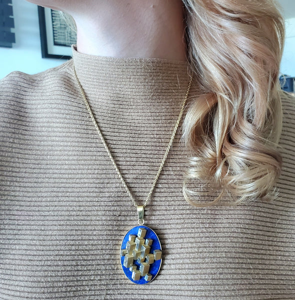 Livio Bevilacqua 1967 Op Art Geometric Pendant Necklace In 18Kt Gold With Lapis Lazuli