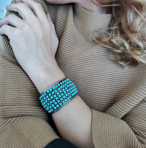 Native American 1960 Navajo Bracelet Cuff In .925 Sterling Silver With Turquoises