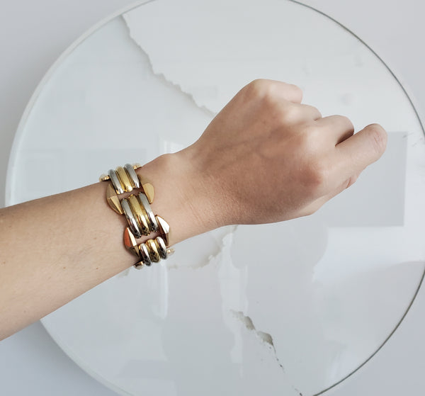 -Italy 1935 Milano Art Deco Faceted Tank Bracelet In Three Tones Of 18Kt Gold