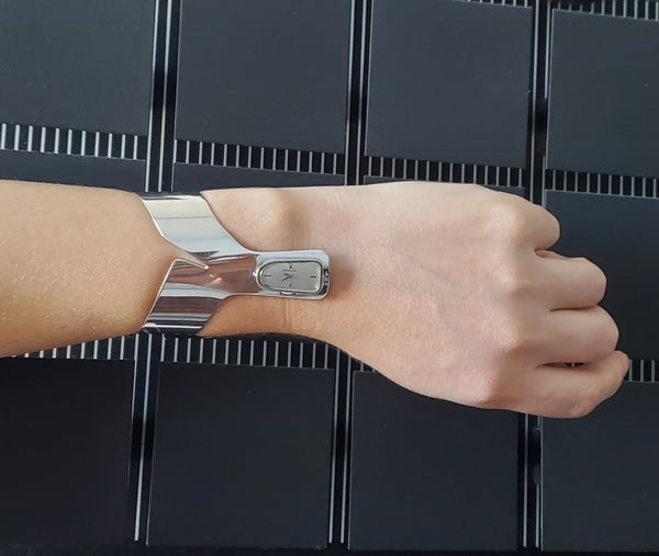 -Gubelin 1970 Swiss Aerodynamic Retro Wrist Watch Cuff Bracelet In Sterling Silver