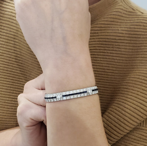 Art Deco 1930 Bracelet In Platinum With 12.33 Ctw In Diamonds And Sapphires