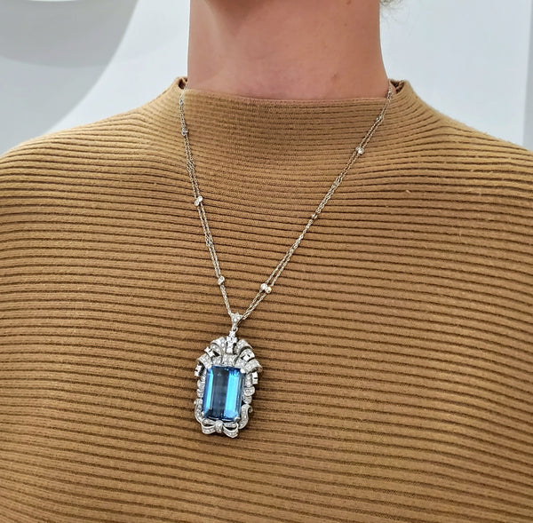 Art Deco 1930 Convertible Necklace In Platinum With 64.33 Ctw In Aquamarine And Diamonds