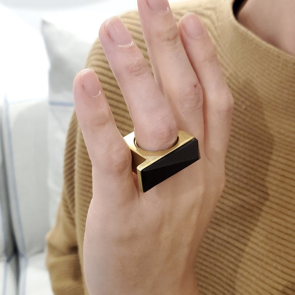 -Marc Jacobs 1992 Runway Geometric Ring In Gilded Sterling With Carved Ebony Wood