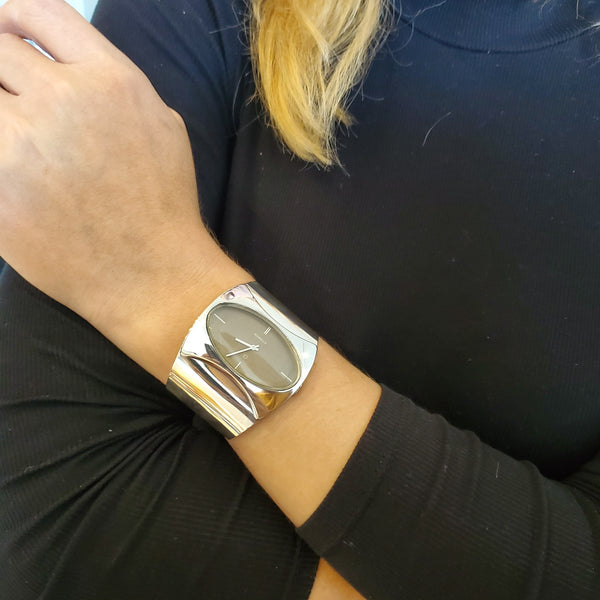 -Gubelin 1973 Swiss Retro Space Era Wrist Watch Cuff Bracelet In .925 Sterling Silver