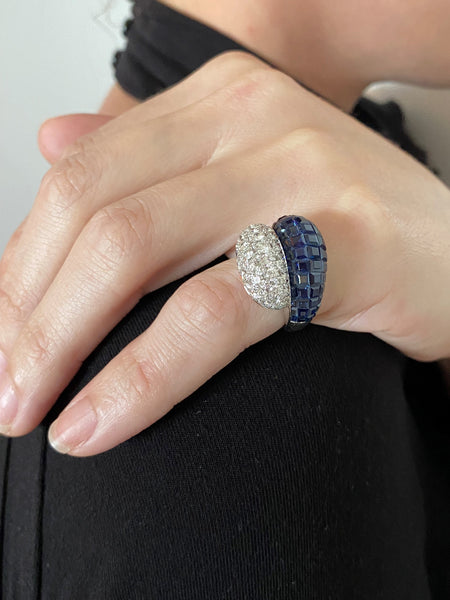 Mystery Setting Bypass Cocktail Ring In 18Kt White Gold With 8.72 Ctw In Diamonds & Sapphires