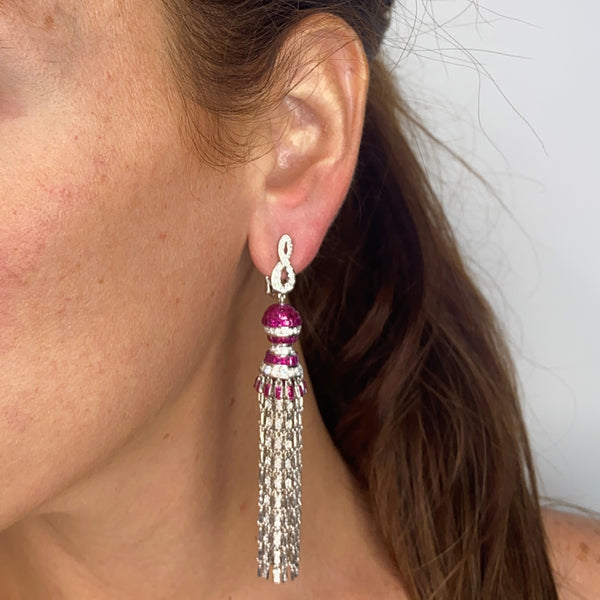 Art Deco Long Drop Earrings In 18Kt White Gold With 11.94 Ctw In Diamonds And Rubies