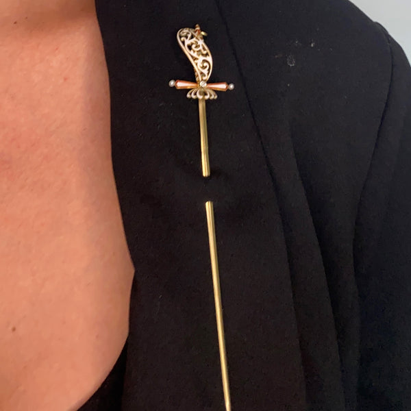 Austrian German 1900 Sword Pin Jabot In 18Kt Yellow Gold With Enamel, Diamond And Pearls