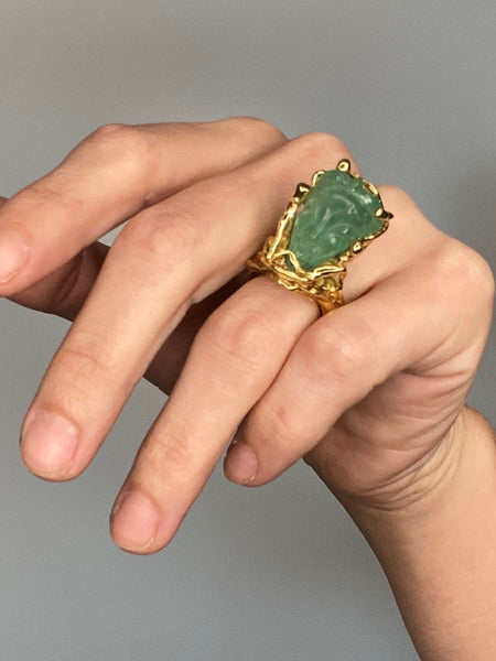 Eric de Kolb 1960 Rare Statement Ring In 18Kt Yellow Gold With 28.53 Cts Carved Colombian Emerald