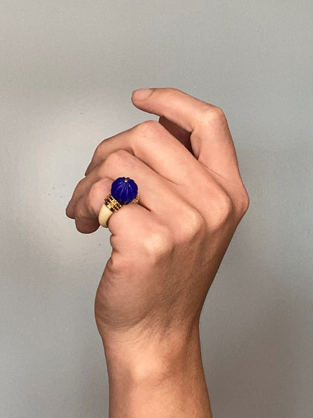 Boucheron Paris 1970 Classic Cocktail Ring In 18Kt Yellow Gold With Blue Lapis & Coral