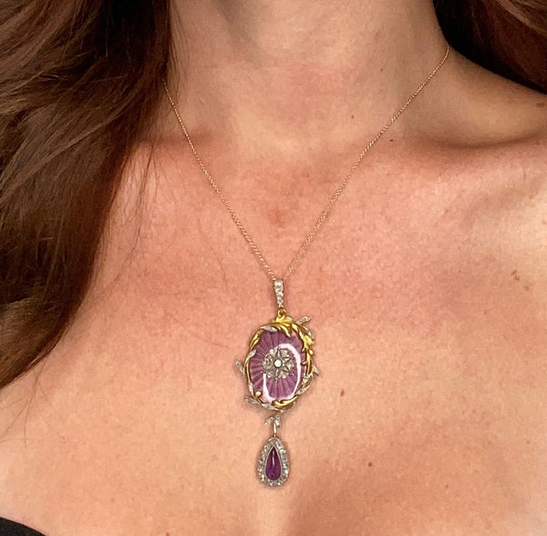 French 1790 Georgian Guilloche Enameled Pendant In 18Kt Gold With 4.26 Rose Cut Diamonds And Amethyst
