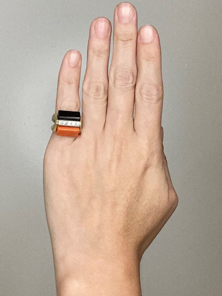 La Triomphe Geometric Cocktail Ring In 18Kt Gold With Diamonds Coral Onyx