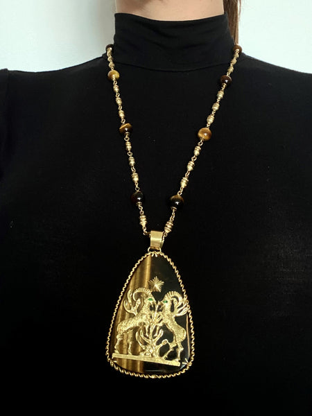 Mid Century 1960 Italian Capricorn Zodiac Necklace In 18Kt Gold With Tiger Eye And Emeralds