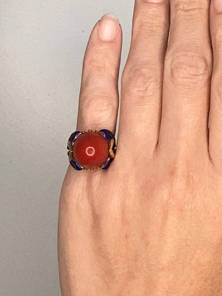 Art Deco 1930 Enamelled Cocktail Ring In 18Kt Yellow Gold With Red Ox Blood Coral